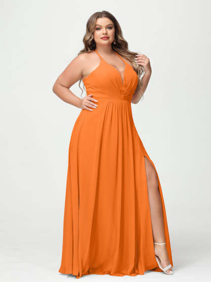 A Line Princess Halter Sleeveless Chiffon Ruched Split Side Plus Size Bridesmaid Dresses with Pockets