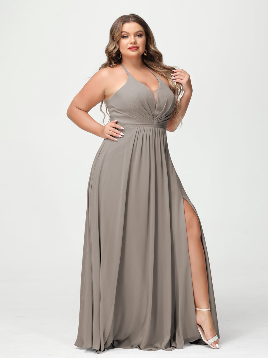 A Line Princess Halter Sleeveless Chiffon Ruched Split Side Plus Size Bridesmaid Dresses with Pockets