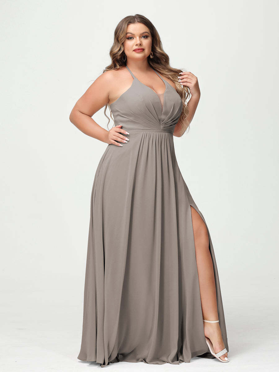 A Line Princess Halter Sleeveless Chiffon Ruched Split Side Plus Size Bridesmaid Dresses with Pockets