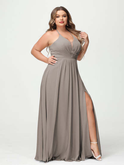 A Line Princess Halter Sleeveless Chiffon Ruched Split Side Plus Size Bridesmaid Dresses with Pockets