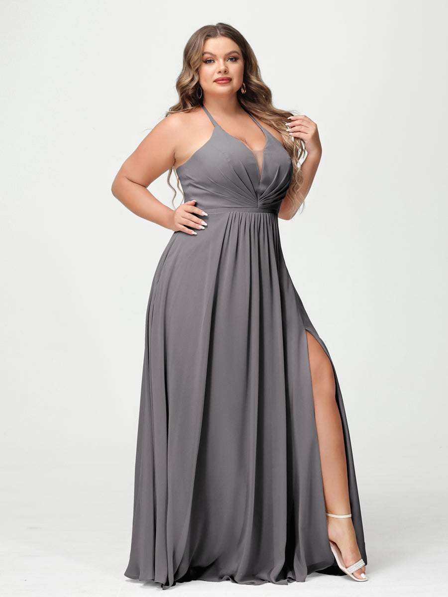 A Line Princess Halter Sleeveless Chiffon Ruched Split Side Plus Size Bridesmaid Dresses with Pockets