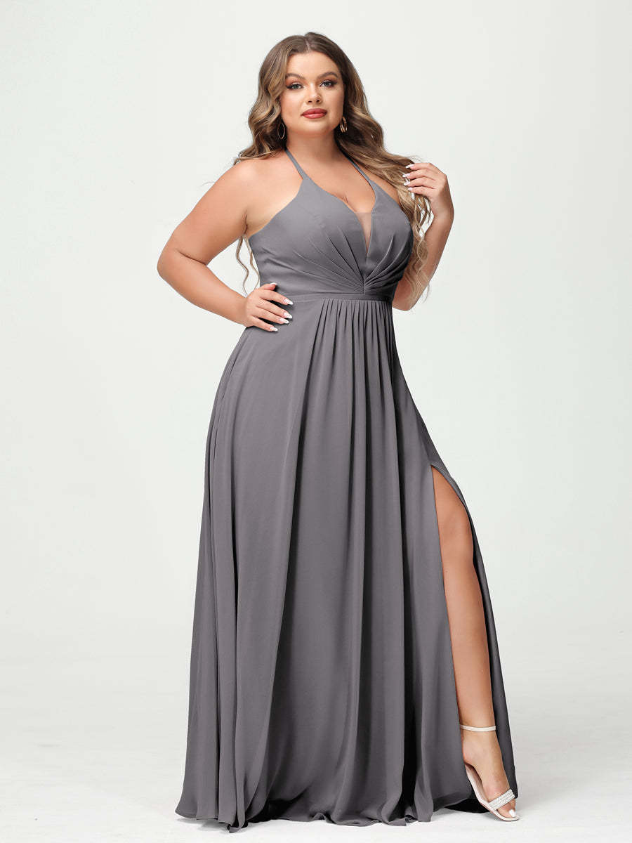 A Line Princess Halter Sleeveless Chiffon Ruched Split Side Plus Size Bridesmaid Dresses with Pockets