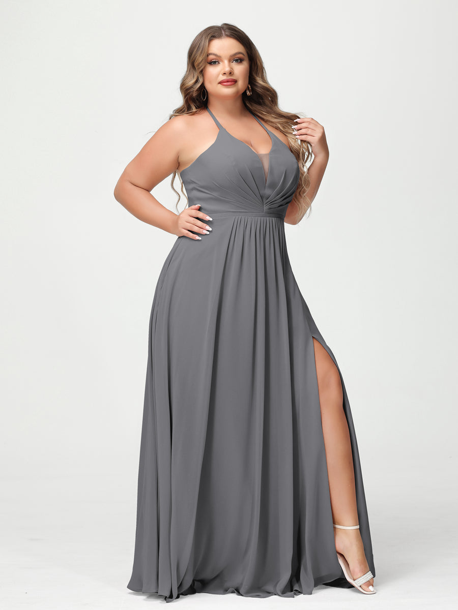 A Line Princess Halter Sleeveless Chiffon Ruched Split Side Plus Size Bridesmaid Dresses with Pockets