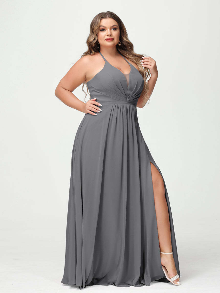 A Line Princess Halter Sleeveless Chiffon Ruched Split Side Plus Size Bridesmaid Dresses with Pockets