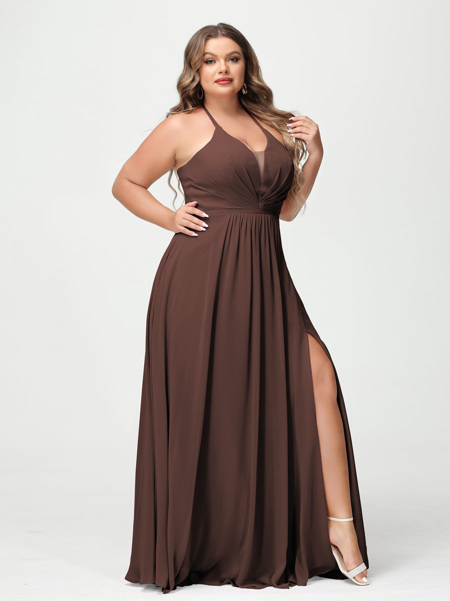 A Line Princess Halter Sleeveless Chiffon Ruched Split Side Plus Size Bridesmaid Dresses with Pockets