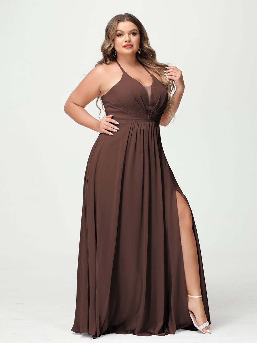 A Line Princess Halter Sleeveless Chiffon Ruched Split Side Plus Size Bridesmaid Dresses with Pockets