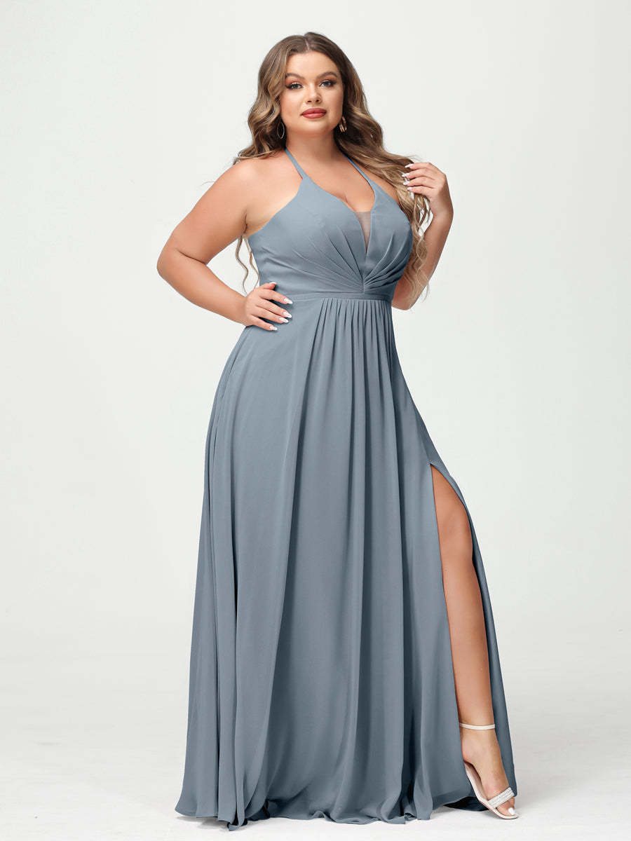 A Line Princess Halter Sleeveless Chiffon Ruched Split Side Plus Size Bridesmaid Dresses with Pockets