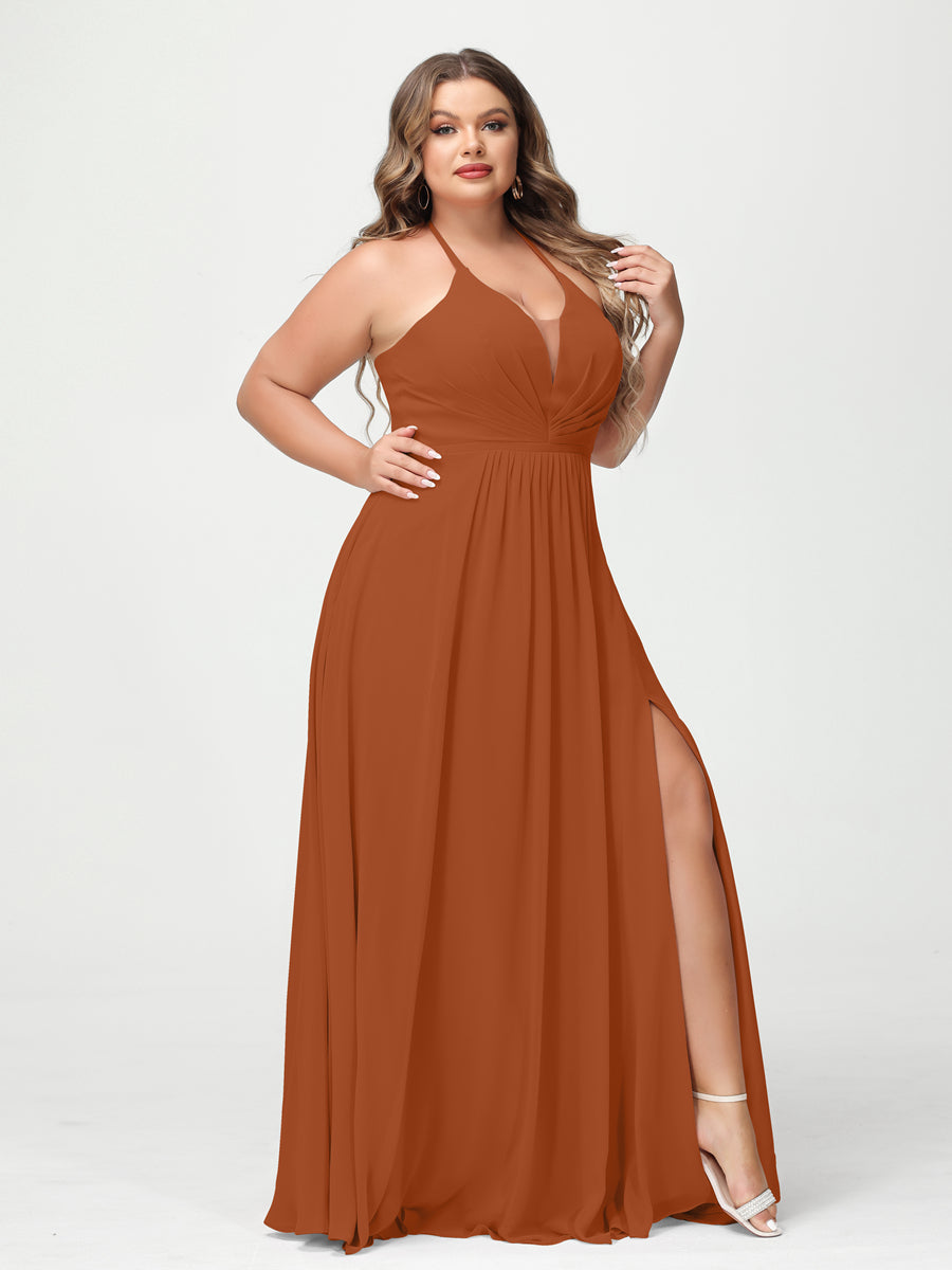 A Line Princess Halter Sleeveless Chiffon Ruched Split Side Plus Size Bridesmaid Dresses with Pockets