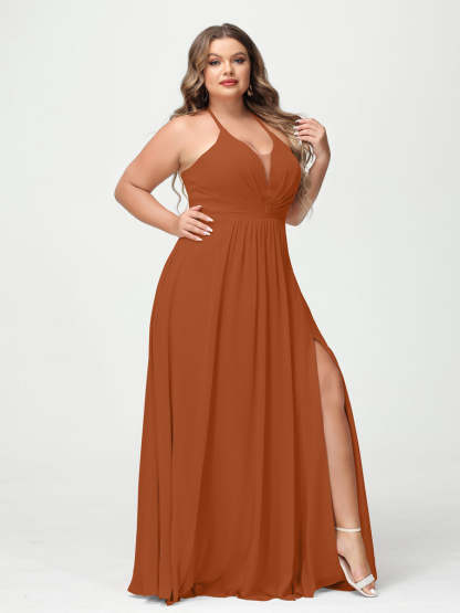 A Line Princess Halter Sleeveless Chiffon Ruched Split Side Plus Size Bridesmaid Dresses with Pockets