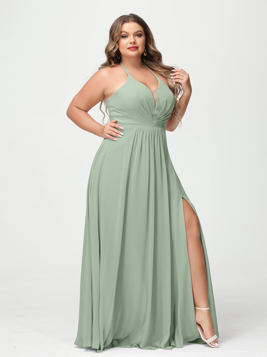 A Line Princess Halter Sleeveless Chiffon Ruched Split Side Plus Size Bridesmaid Dresses with Pockets