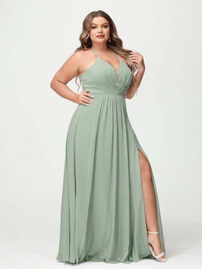 A Line Princess Halter Sleeveless Chiffon Ruched Split Side Plus Size Bridesmaid Dresses with Pockets