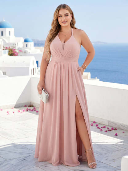 A Line Princess Halter Sleeveless Chiffon Ruched Split Side Plus Size Bridesmaid Dresses with Pockets