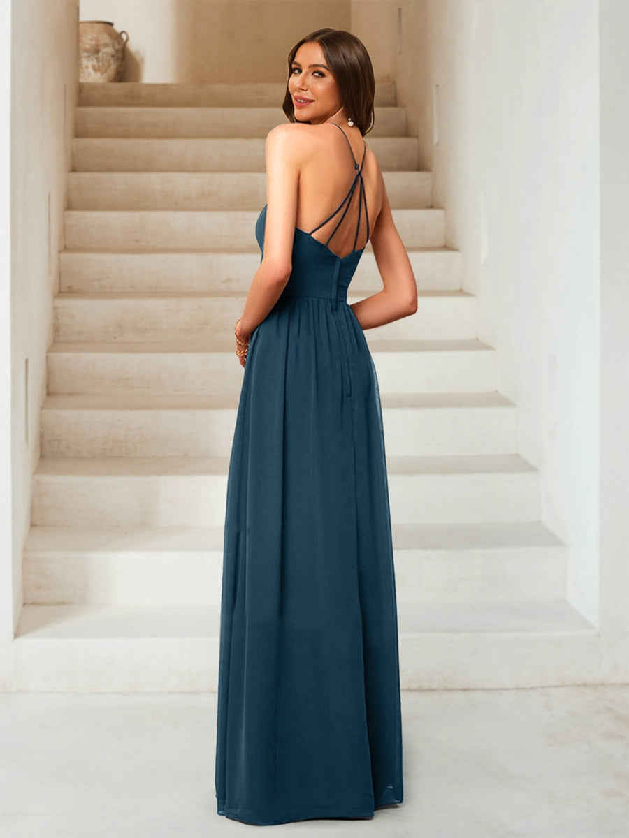 A Line Princess Halter Sleeveless Floor Length Chiffon Ruched Bridesmaid Dresses