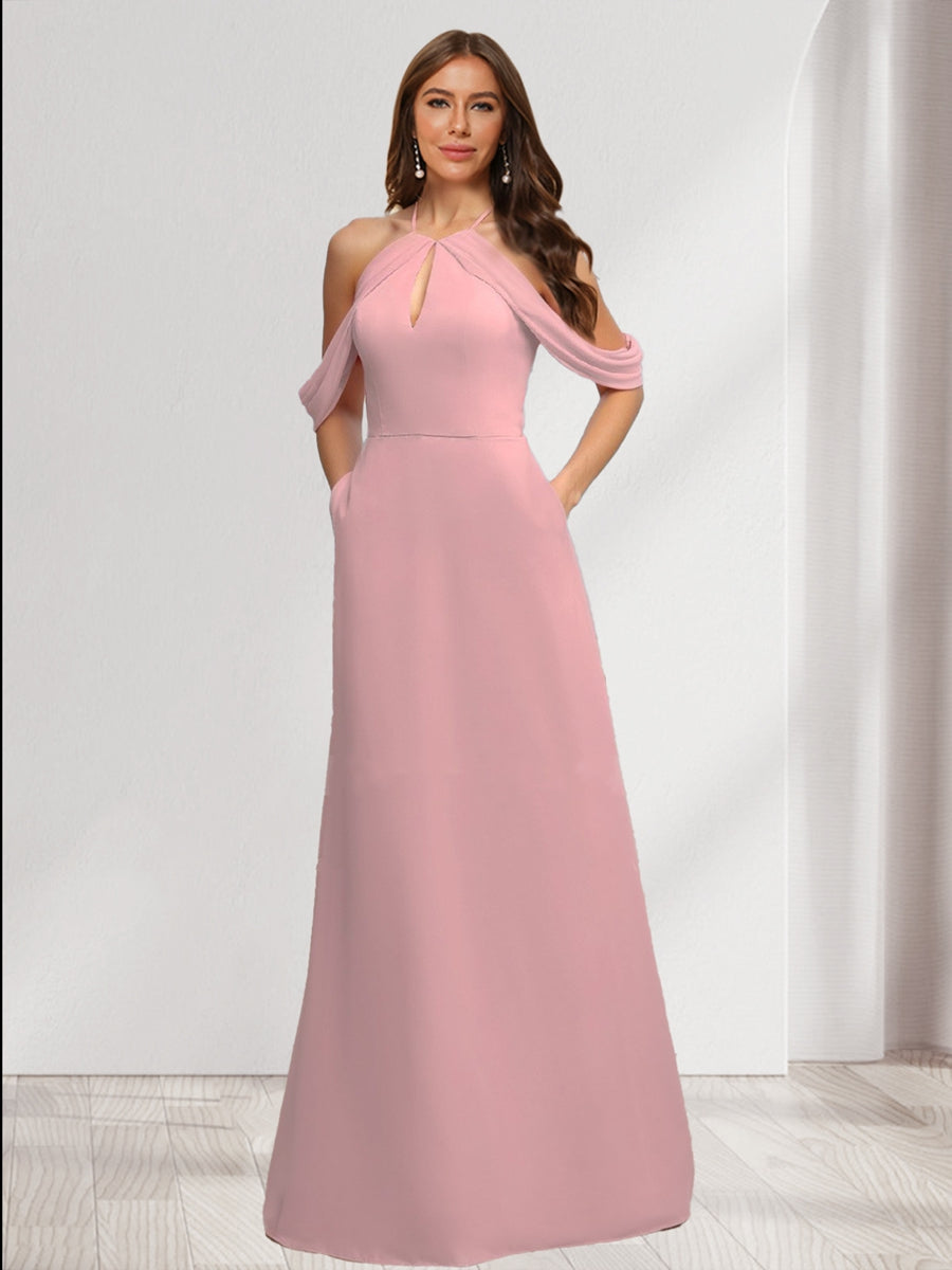 A Line Princess Halter Sleeveless Ruched Bridesmaid Dresses