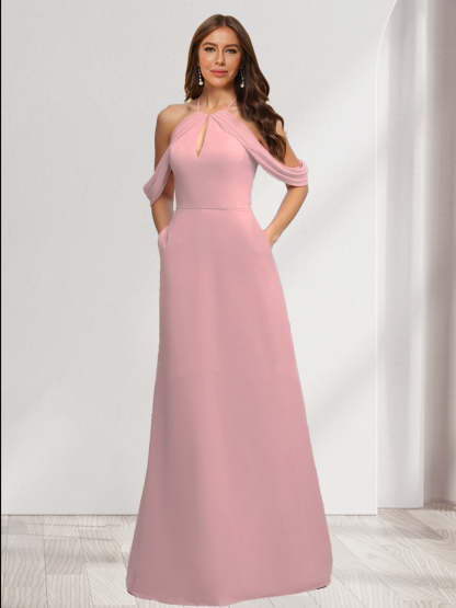 A Line Princess Halter Sleeveless Ruched Bridesmaid Dresses