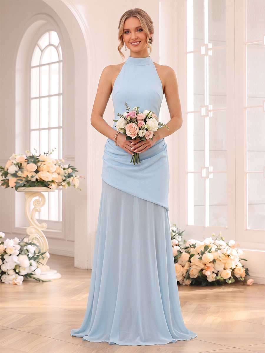 A Line Princess High neck Sleeveless Floor Length Bridesmaid Dresses with Pleats