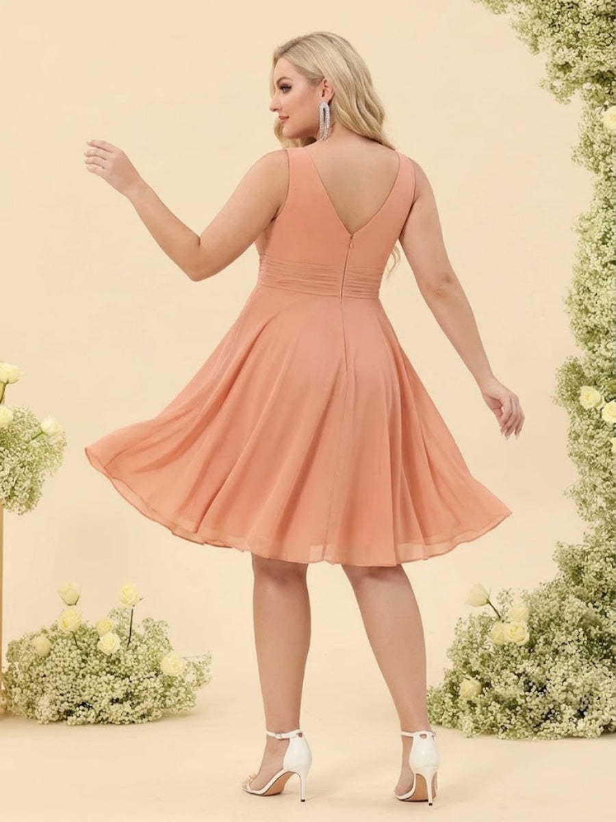 A Line Princess Knee Length V Neck Plus Size Bridesmaid Dresses With Ruffles