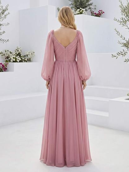 A Line Princess Long Sleeves Sweetheart Floor Length Bridesmaid Dresses with Pleats Ruched