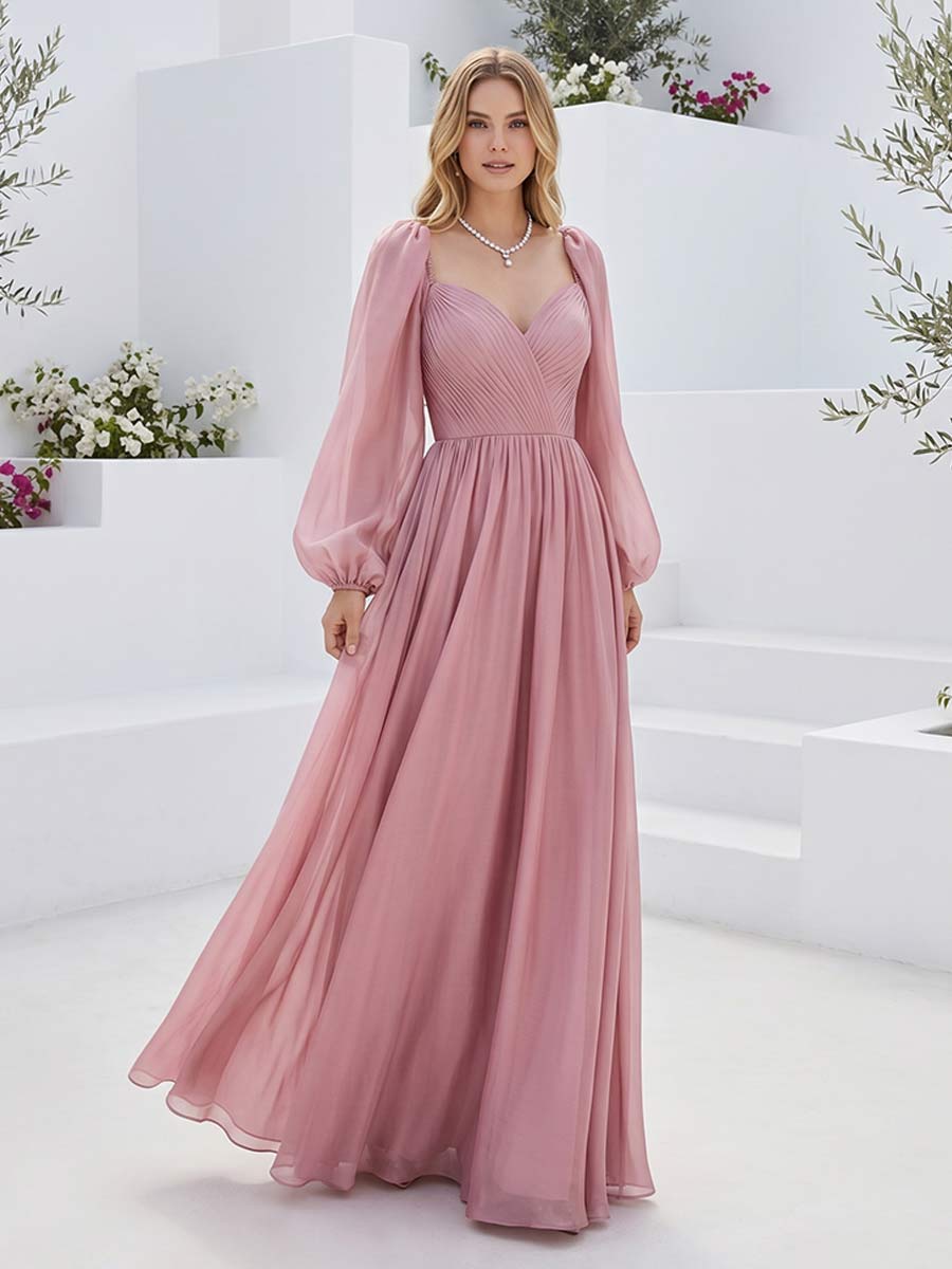 A Line Princess Long Sleeves Sweetheart Floor Length Bridesmaid Dresses with Pleats Ruched