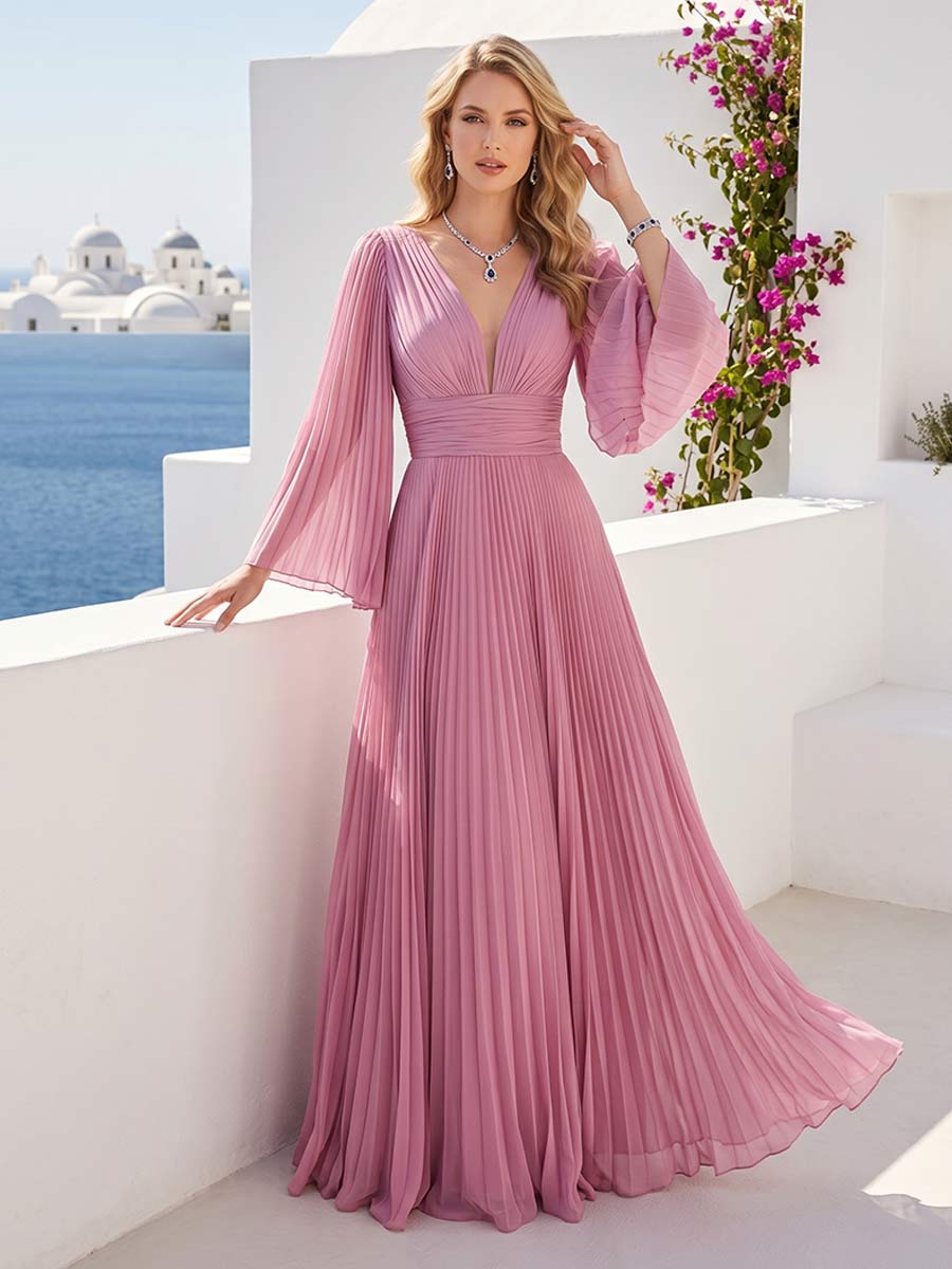 A Line Princess Long Sleeves V Neck Floor Length Bridesmaid Dresses with Pleats
