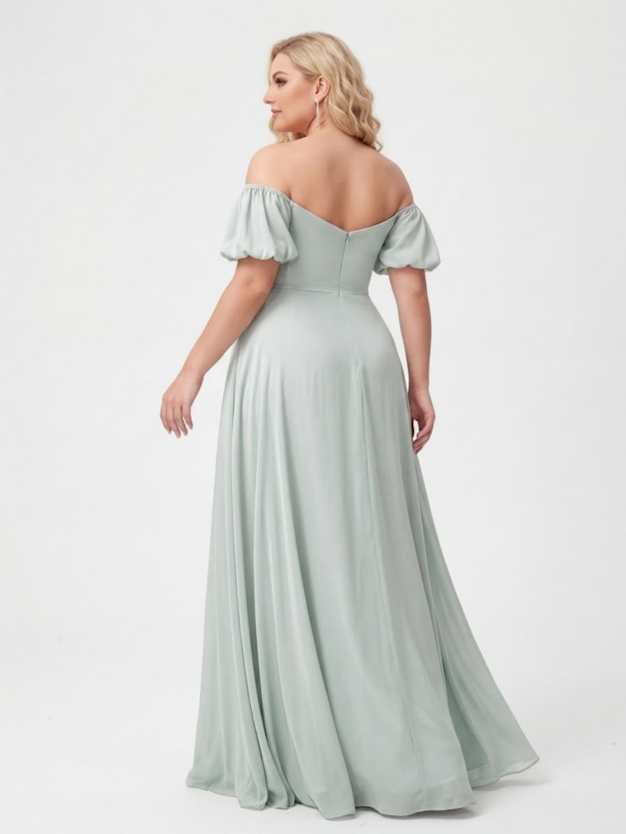 A Line Princess Off the Shoulder Puff Sleeves Plus Size Bridesmaid Dresses with Ruched