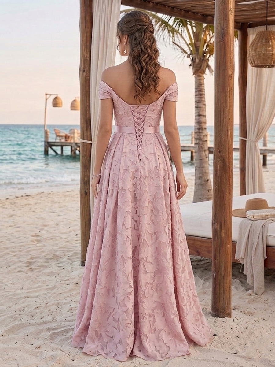 A Line Princess Off the Shoulder Sleeveless Floor Length Bridesmaid Dresses With Split Side Belt