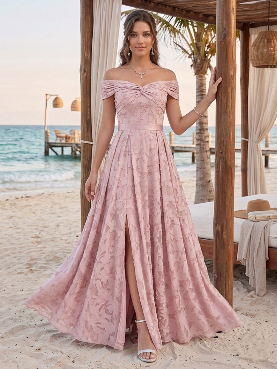 A Line Princess Off the Shoulder Sleeveless Floor Length Bridesmaid Dresses With Split Side Belt