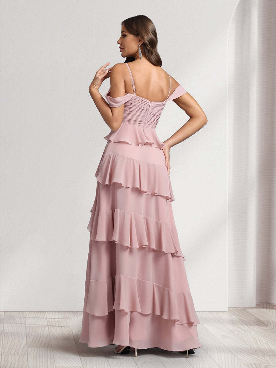 A Line Princess Off the Shoulder Spaghetti Straps Sleeveless Floor Length Bridesmaid Dresses With Ruffles Side Slit