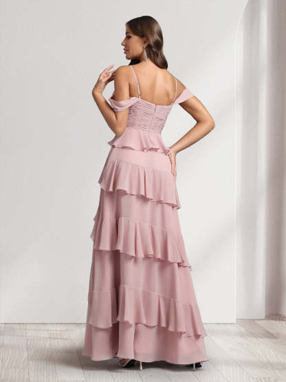 A Line Princess Off the Shoulder Spaghetti Straps Sleeveless Floor Length Bridesmaid Dresses With Ruffles Side Slit