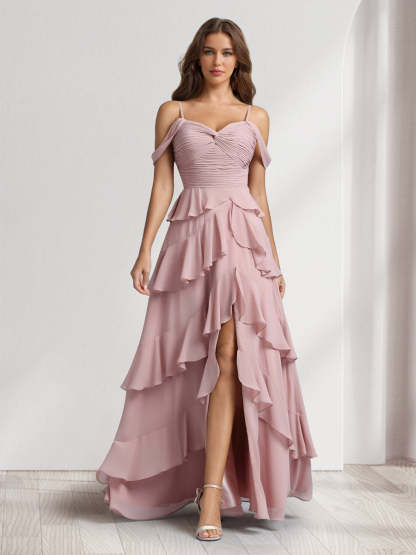 A Line Princess Off the Shoulder Spaghetti Straps Sleeveless Floor Length Bridesmaid Dresses With Ruffles Side Slit