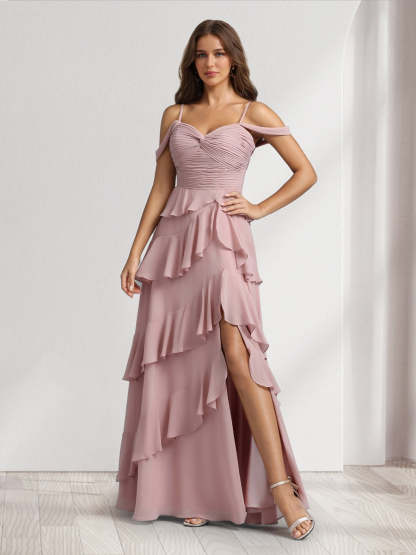 A Line Princess Off the Shoulder Spaghetti Straps Sleeveless Floor Length Bridesmaid Dresses With Ruffles Side Slit