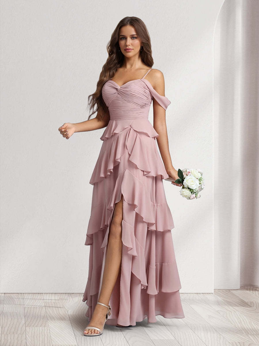 A Line Princess Off the Shoulder Spaghetti Straps Sleeveless Floor Length Bridesmaid Dresses With Ruffles Side Slit