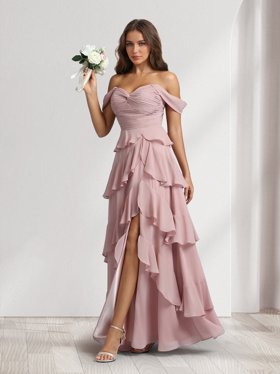 A Line Princess Off the Shoulder Spaghetti Straps Sleeveless Floor Length Bridesmaid Dresses With Ruffles Side Slit