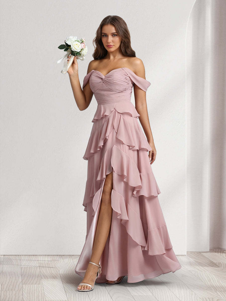 A Line Princess Off the Shoulder Spaghetti Straps Sleeveless Floor Length Bridesmaid Dresses With Ruffles Side Slit