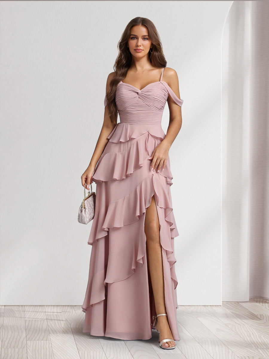 A Line Princess Off the Shoulder Spaghetti Straps Sleeveless Floor Length Bridesmaid Dresses With Ruffles Side Slit