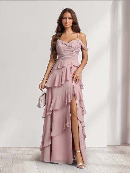 A Line Princess Off the Shoulder Spaghetti Straps Sleeveless Floor Length Bridesmaid Dresses With Ruffles Side Slit
