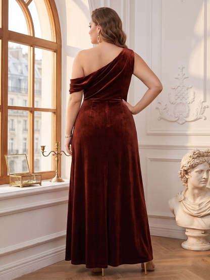 A Line Princess One Shoulder Floor Length Plus Size Bridesmaid Dresses With Split Side