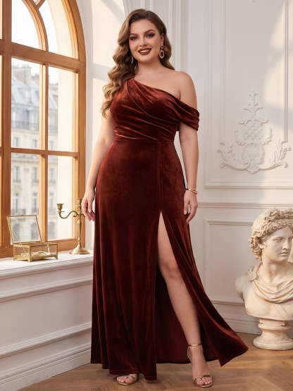 A Line Princess One Shoulder Floor Length Plus Size Bridesmaid Dresses With Split Side