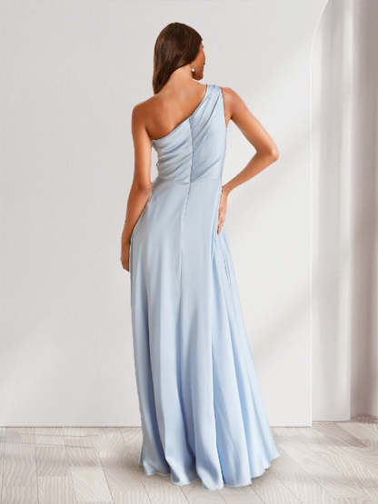 A Line Princess One Shoulder Pleated Bridesmaid Dresses with Split Side