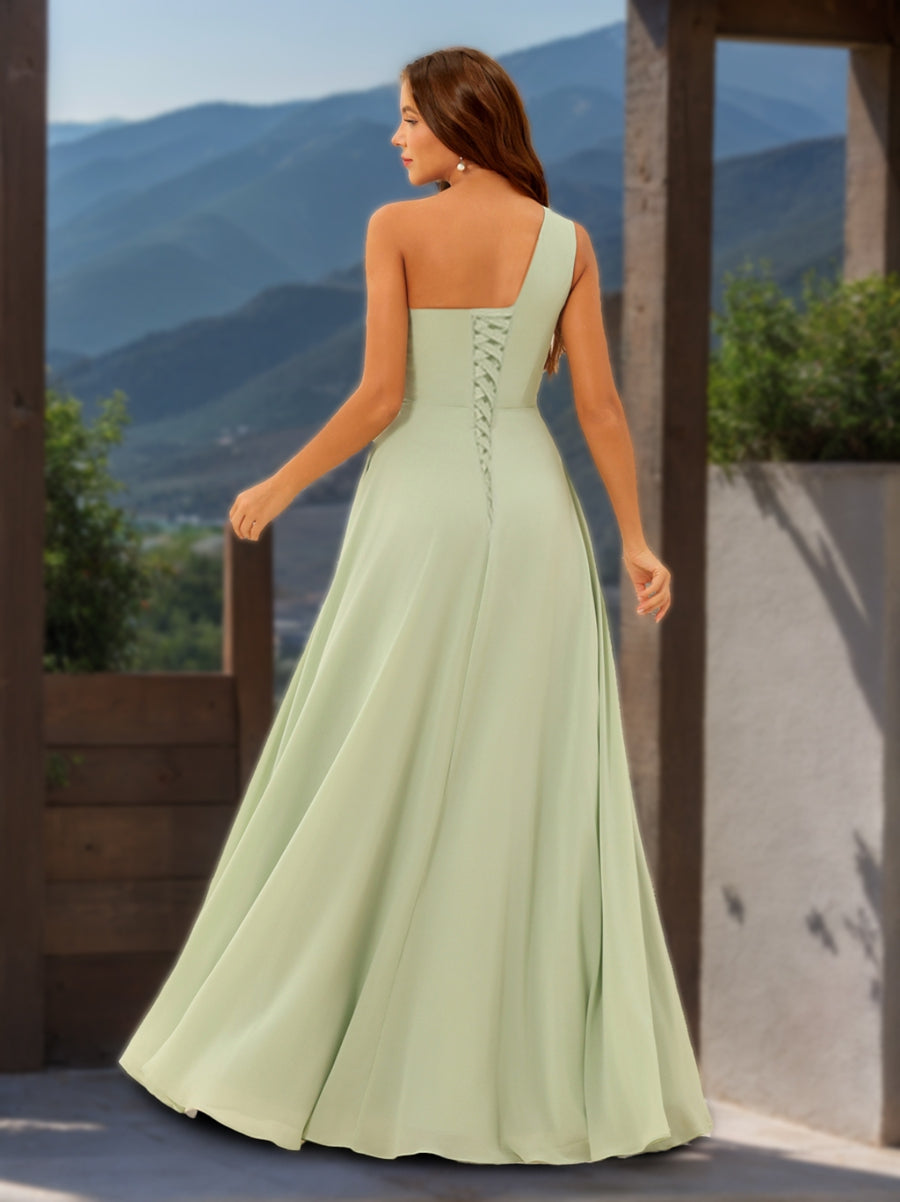 A Line Princess One Shoulder Sleeveless Bridesmaid Dresses with Split Side