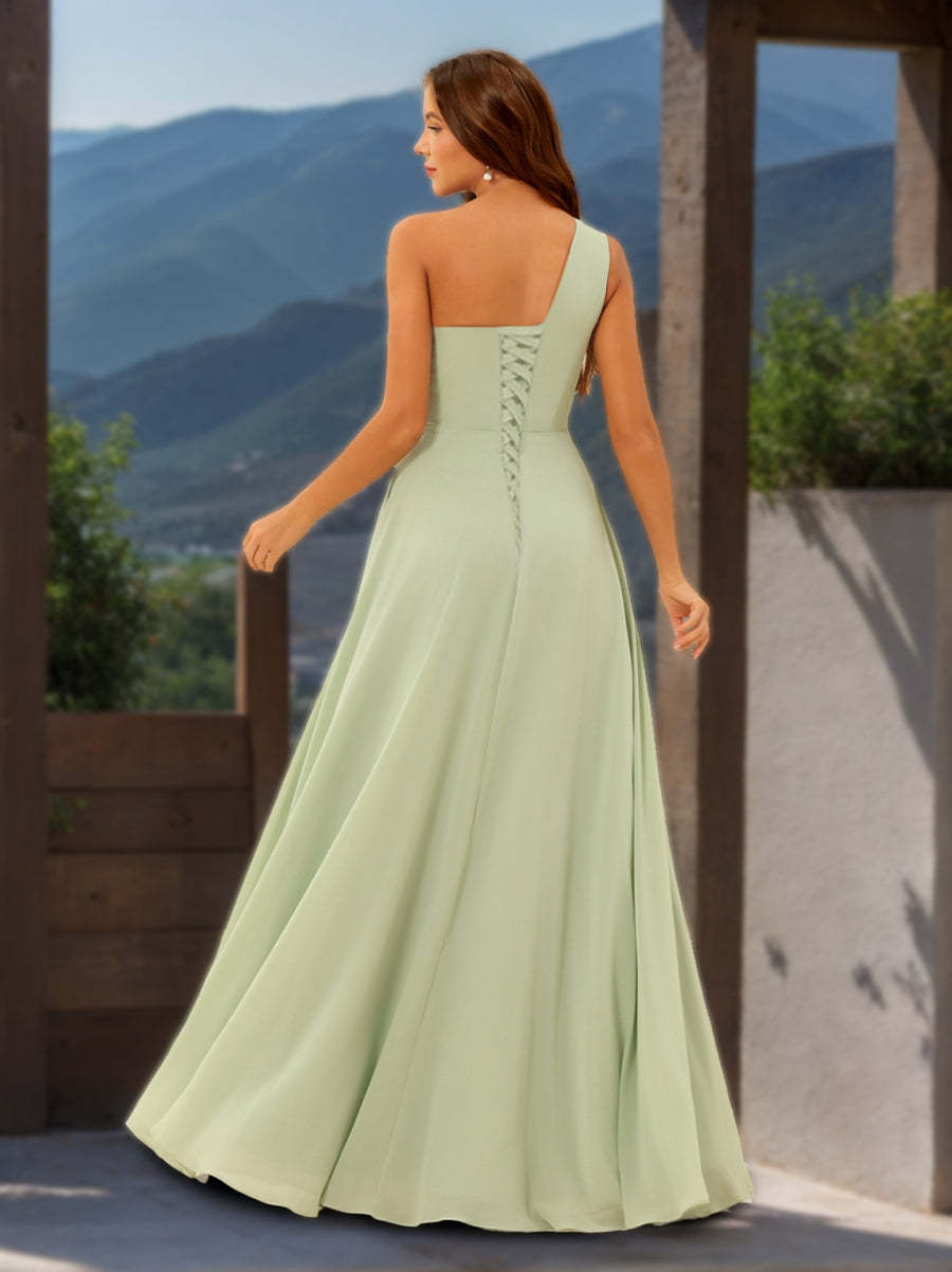 A Line Princess One Shoulder Sleeveless Bridesmaid Dresses with Split Side