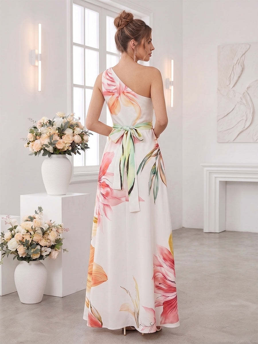 A Line Princess One Shoulder Sleeveless Floor Length Bridesmaid Dresses with Ruched Pockets