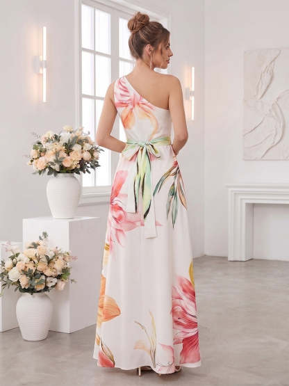 A Line Princess One Shoulder Sleeveless Floor Length Bridesmaid Dresses with Ruched Pockets
