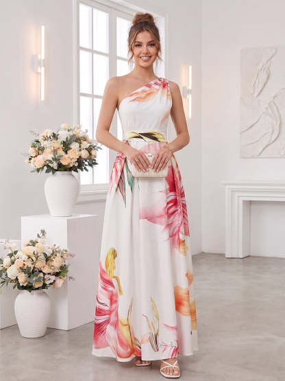 A Line Princess One Shoulder Sleeveless Floor Length Bridesmaid Dresses with Ruched Pockets