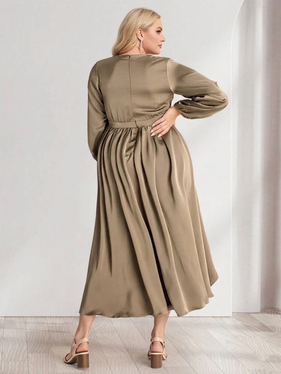 A Line Princess Plunging V Neck Long Sleeves Wrap Plus Size Bridesmaid Dresses