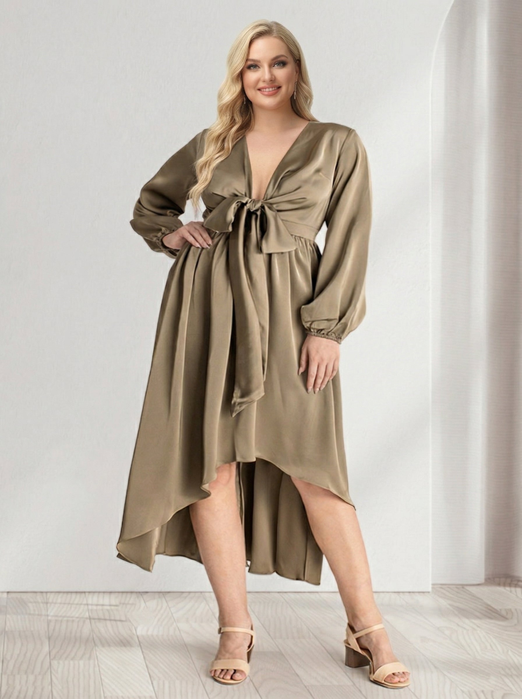 A Line Princess Plunging V Neck Long Sleeves Wrap Plus Size Bridesmaid Dresses