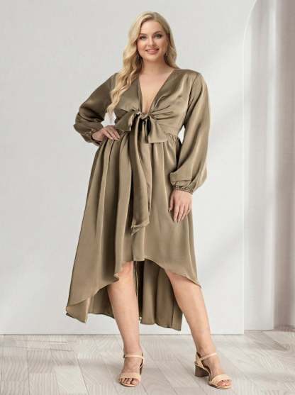 A Line Princess Plunging V Neck Long Sleeves Wrap Plus Size Bridesmaid Dresses