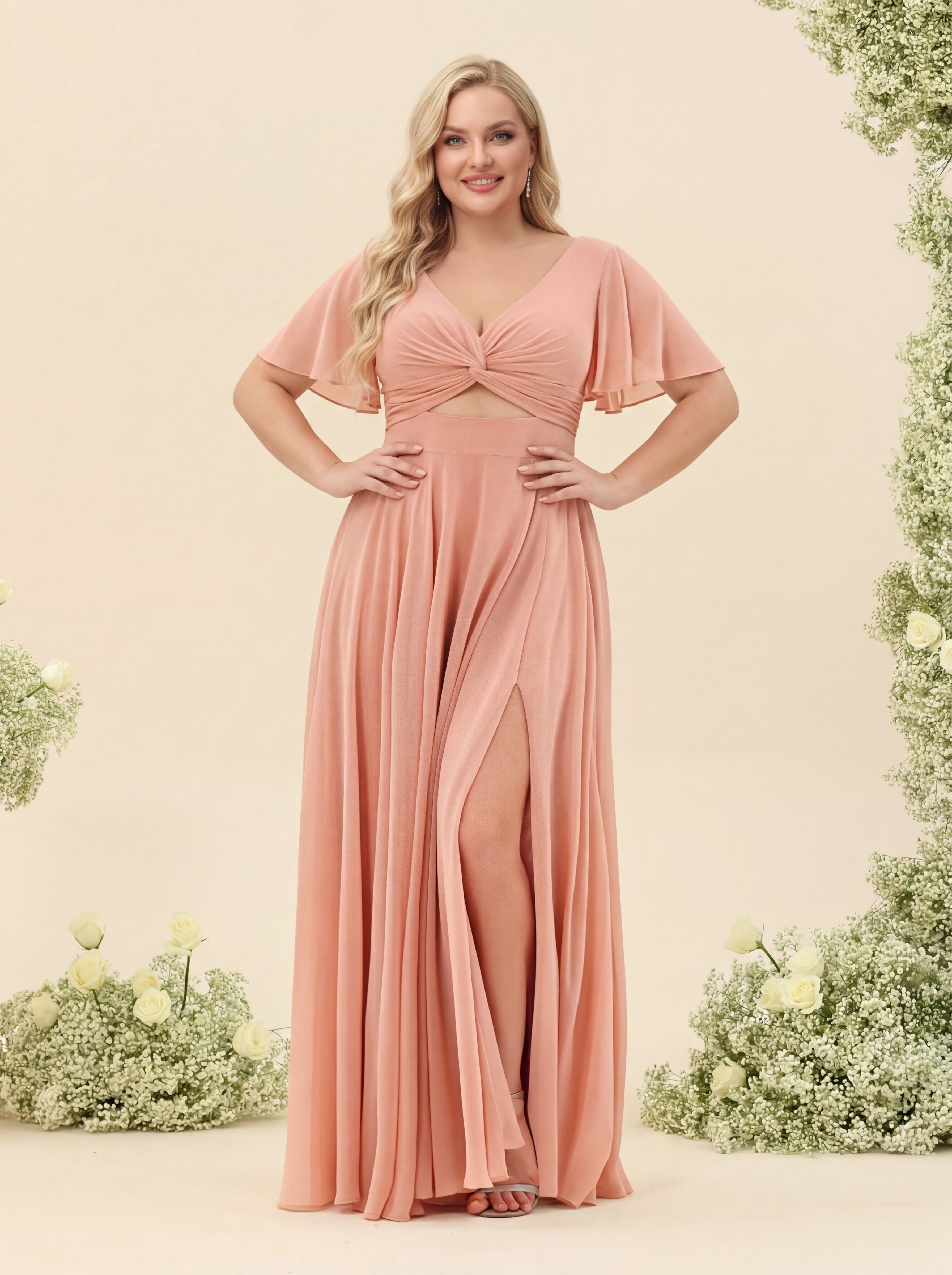 A Line Princess Ruffles V Neck Short Sleeves Plus Size Bridesmaid Dresses With Bowknot