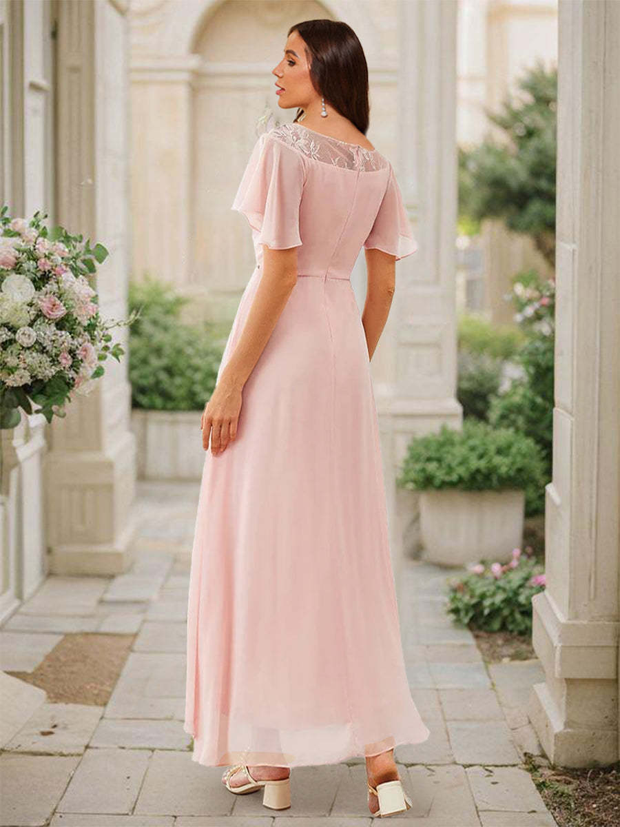 A Line Princess Scoop Asymmetrical Bridesmaid Dresses With Ruffles
