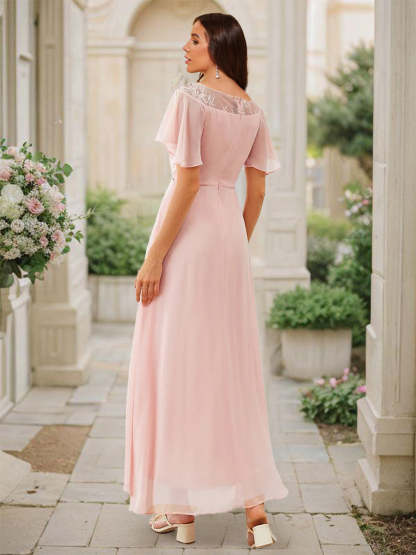 A Line Princess Scoop Asymmetrical Bridesmaid Dresses With Ruffles